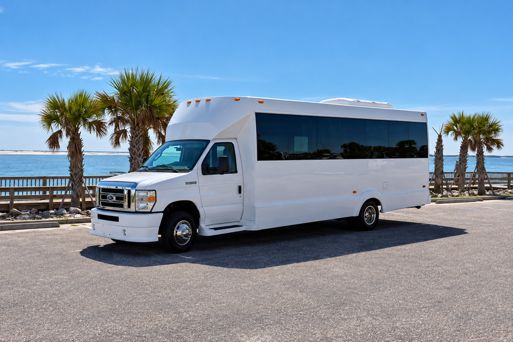 White Ford E-450 limousine party bus for group transportation in Pensacola and Perdido Key, Florida
